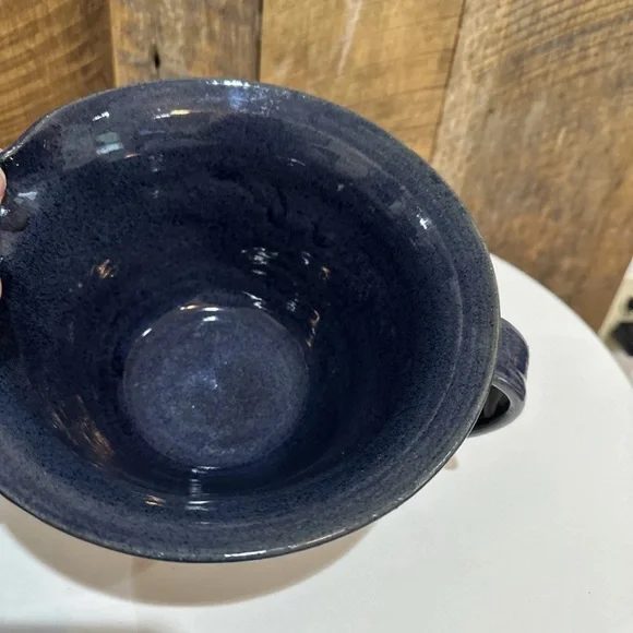 Vintage 2000 Sid Luck Pottery Blue Mixing Bowl Spout & Handle Signed Farmhouse - Picture 9 of 12